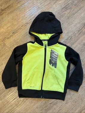 Nike Black and Neon Green Kids Hooded Zip-Up Sweatshirt